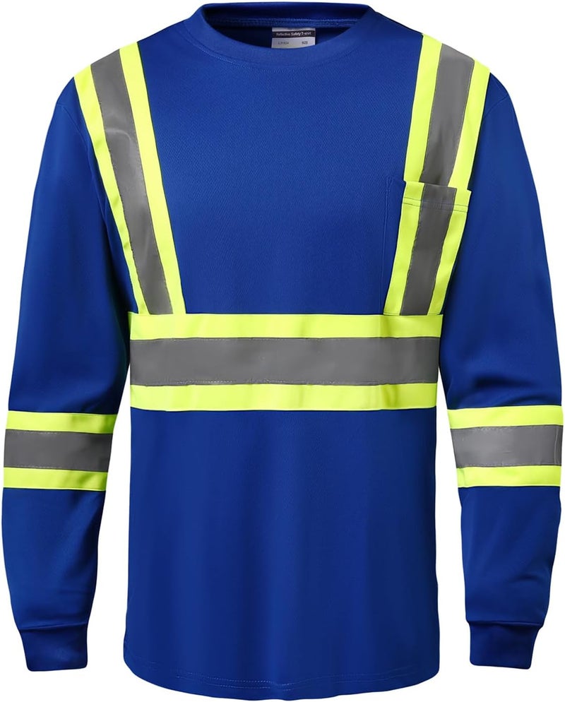 DPSAFETY Hi Vis Safety Long Sleeve Shirts，High Visibility Class 3 T Shirts with Reflective Strips and Pocket, Quick Dry Mesh Construction Work Shirt for Men/Women (Blue,2XL) - Image 1